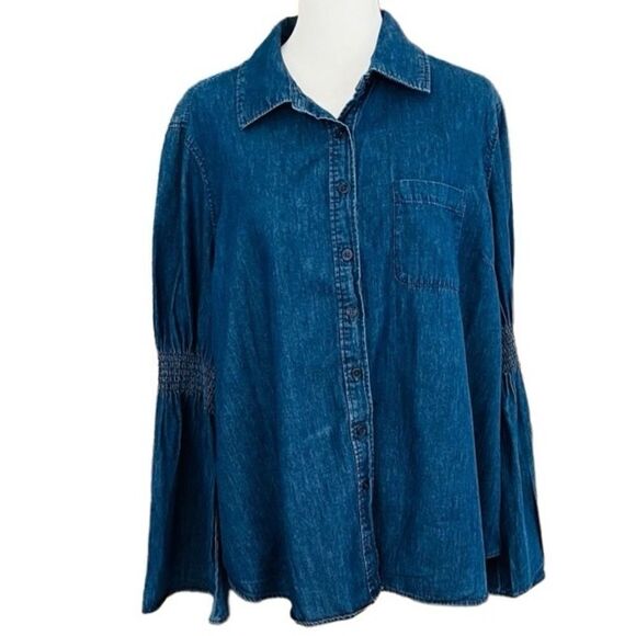 DG2 Diane Gilman chambray button front shirt w/ bell smocked sleeve size L. - Picture 1 of 7